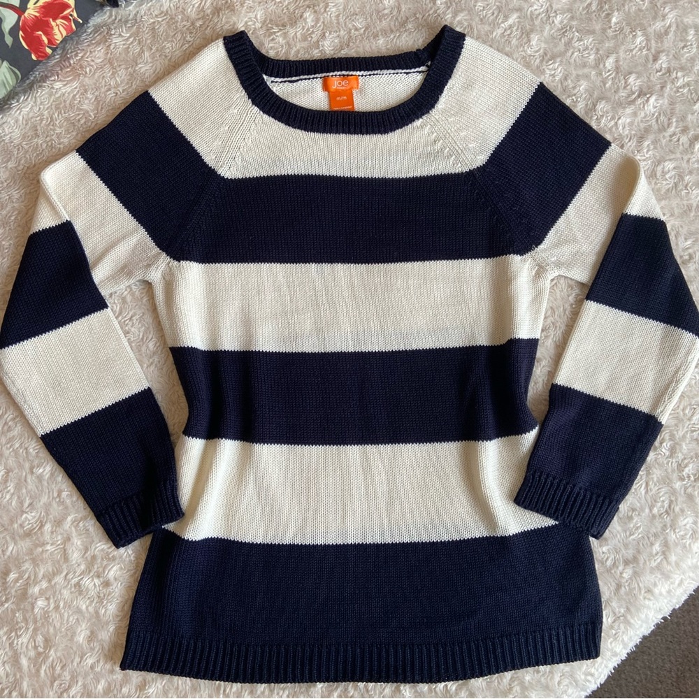 Joe Fresh Dark Navy & Cream Knit Crewneck Pullover Sweater Medium M
